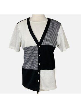 Alfred Dunner Short Sleeve Button Front Patchwork Blk White VTG Shirt Med NWT